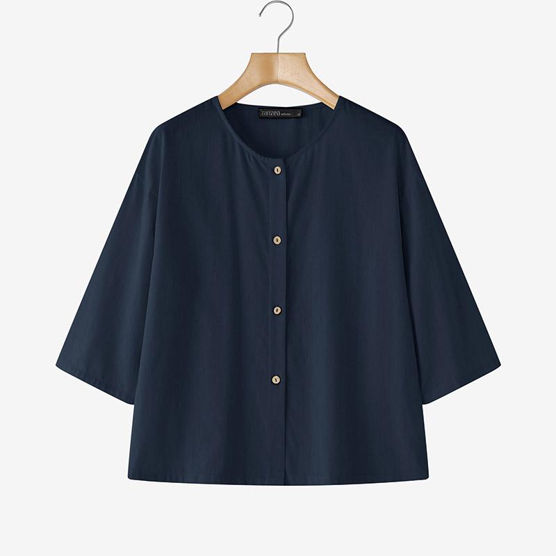 ZANZEA Women Round Neck 3/4 Sleeve Loose Casual Blouse