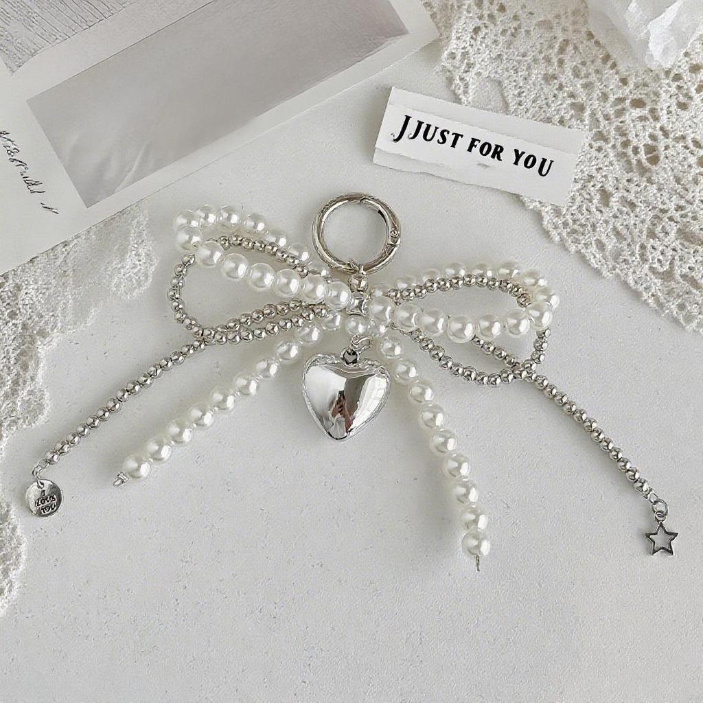 Korean Sweet Pearl Bow Heart Pendant Keychain & Charm Accessory