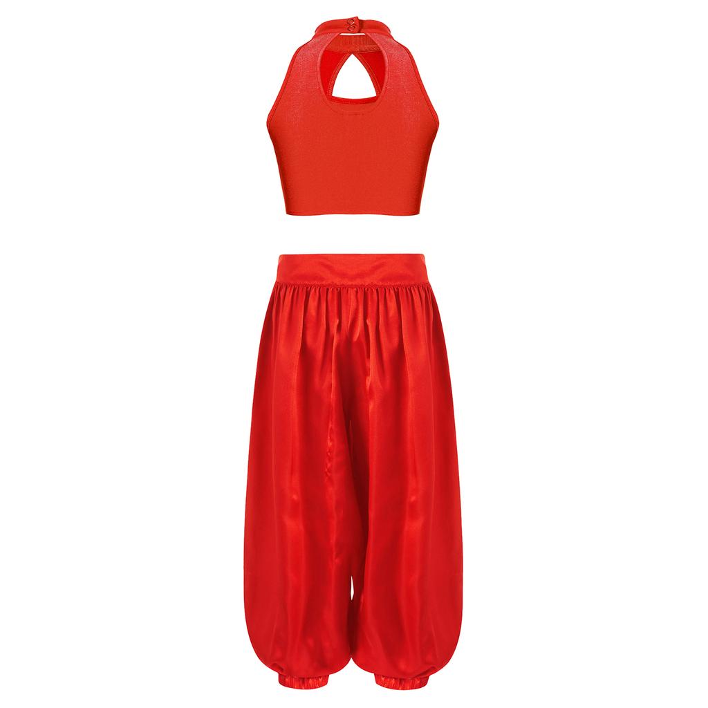 Magdansdräkt för flickor: Mockhals med urringning fram och nyckelhål bak, paljett crop top & vida satinbyxor