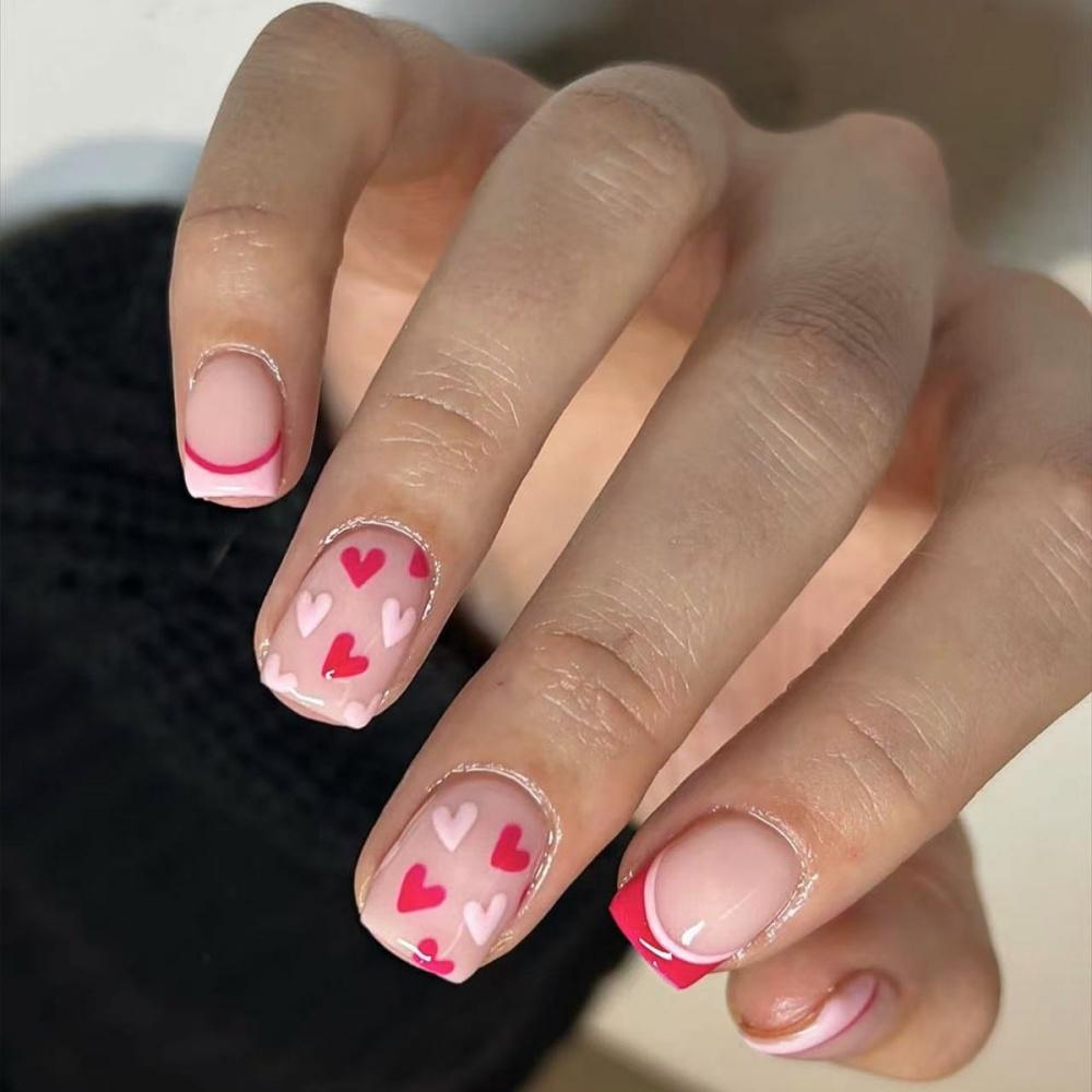 24 Piezas Diseño de Perlas Longitud Media Ballet Cobertura Completa Cuadrado Uñas Postizas Puntas de Uñas Falsas Set de Manicura