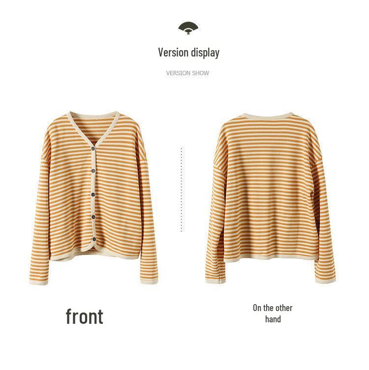Spring Striped Webbing-Edged Single-Breasted Long Sleeve Women's Jacket Cardigan