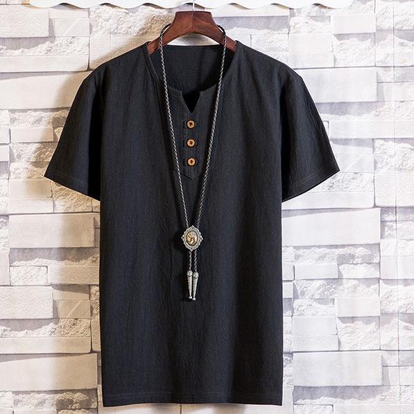 Camicie Estive da Uomo Bottoni Larghe Casual Maschili Scollo a V Manica Corta Harajuku Cotone Lino Maglietta Top
