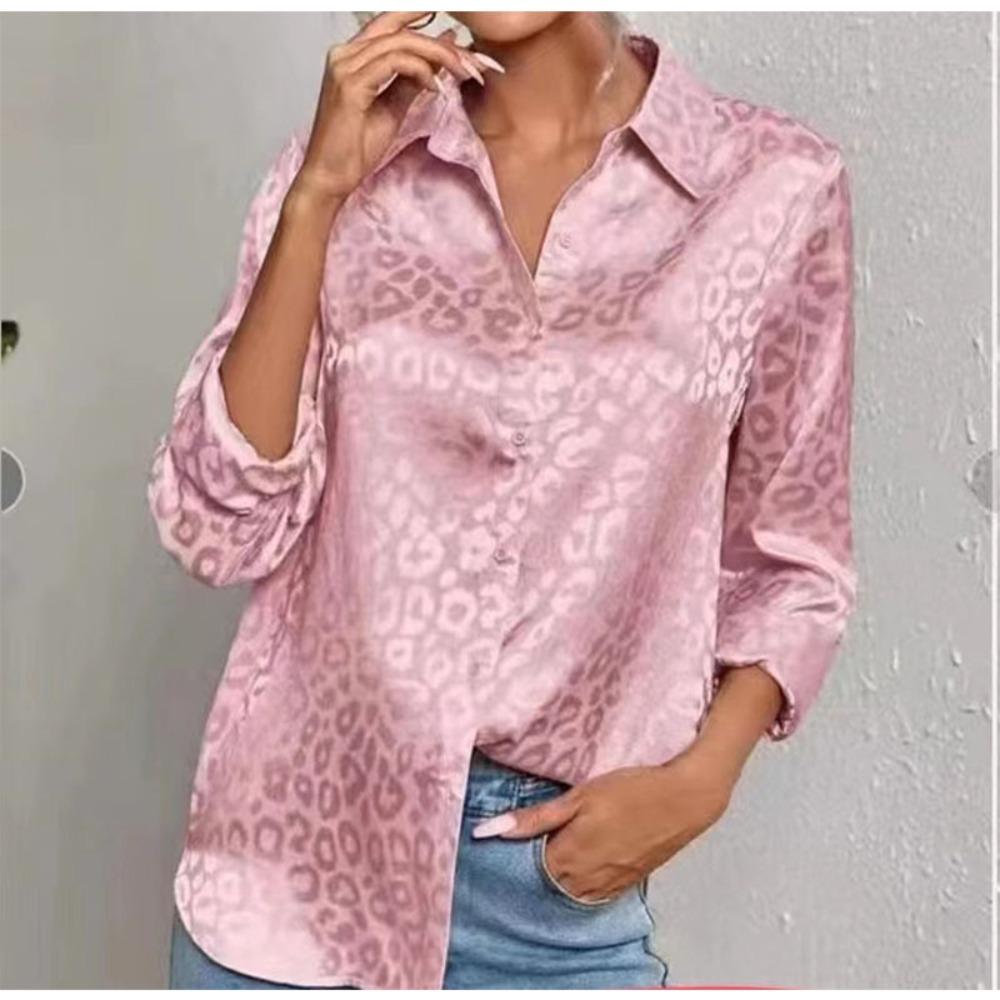 Women's Lapel Long Sleeve Shirt Loose Leopard Jacquard Satin Blouse For Spring Summer
