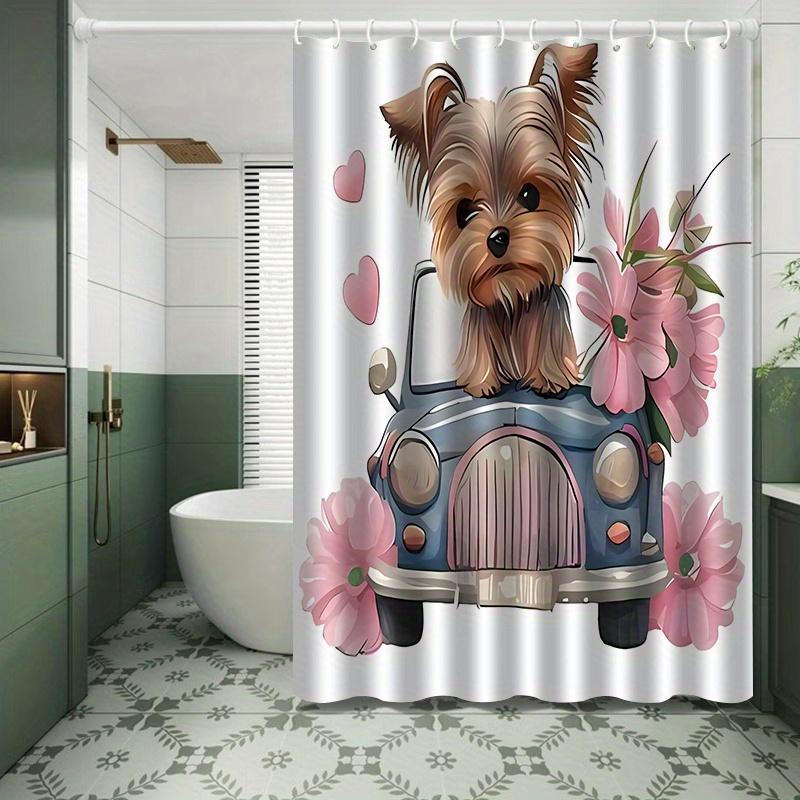 Cute Yorkie Dog Shower Curtain Car And Flowers Art Pet Lover Decor Romantic Hearts Waterproof Fabric Bath Curtain Set Home