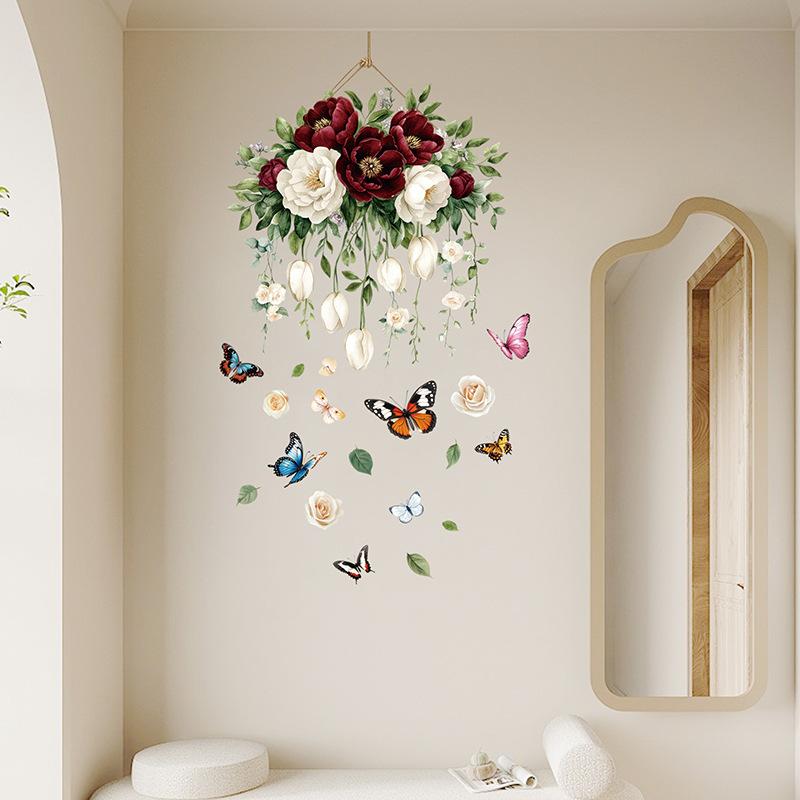 Camellia Peony Wall Stickers Self Adhesive Floral Hanging Basket Decal for Bedroom Girls Room Door Home Decor Vinyl Art