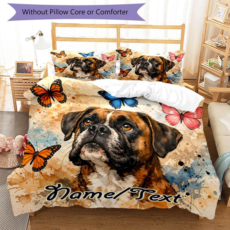 3PC Custom Name Butterfly Boxer Dog Art Bedding Set Printed Bedding Set Duvet Cover Closure Includes 1 Duvet Cover & 333 Pillowcases for Bedroom