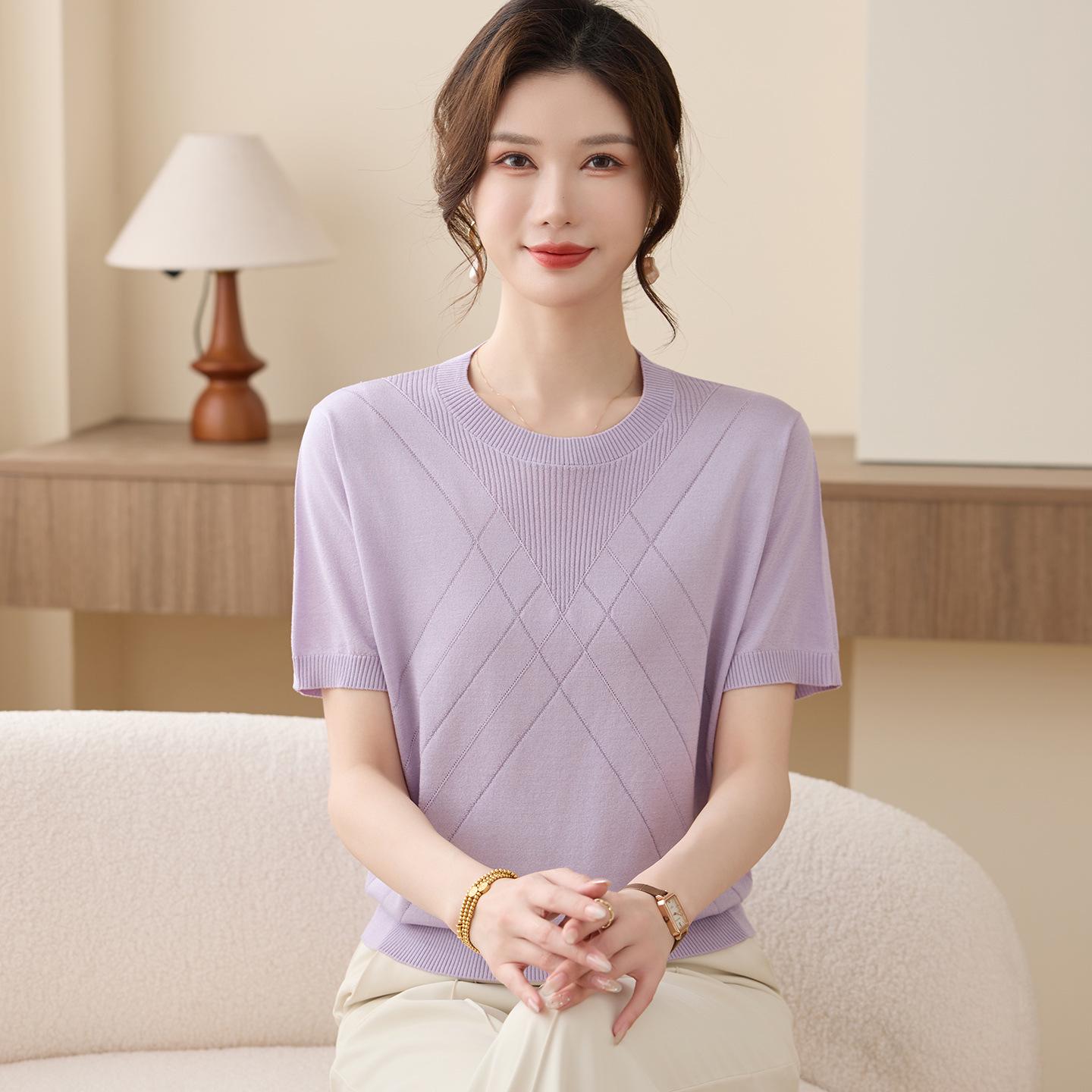 

Tencel Summer T-Shirt 2026: Stylish Short Sleeve Top for Middle-Aged and Elderly Women 5XL (recommended 150-165 jin) фіолетовий