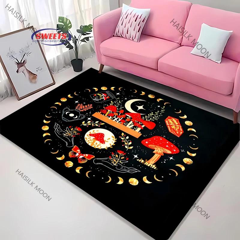 3D Himmlischer & Floraler Kunstbereichsteppich – Rutschfester Teppich für Schlafzimmer oder Wohnzimmer – Mond Sonne Blume Totem Bodenmatte, Heimdekor