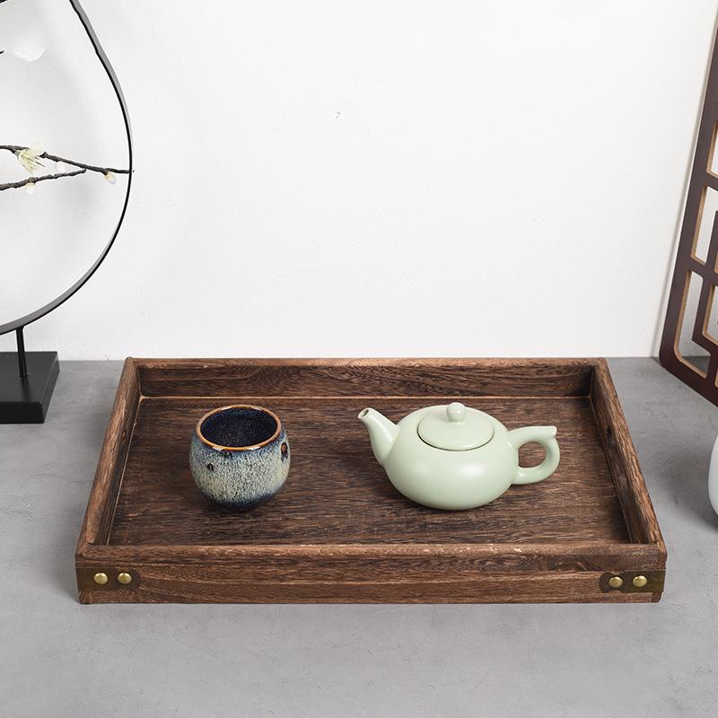 Rectangular Burnt Paulownia Wood Tray: Solid Wood Japanese-Style Tea Set Tableware