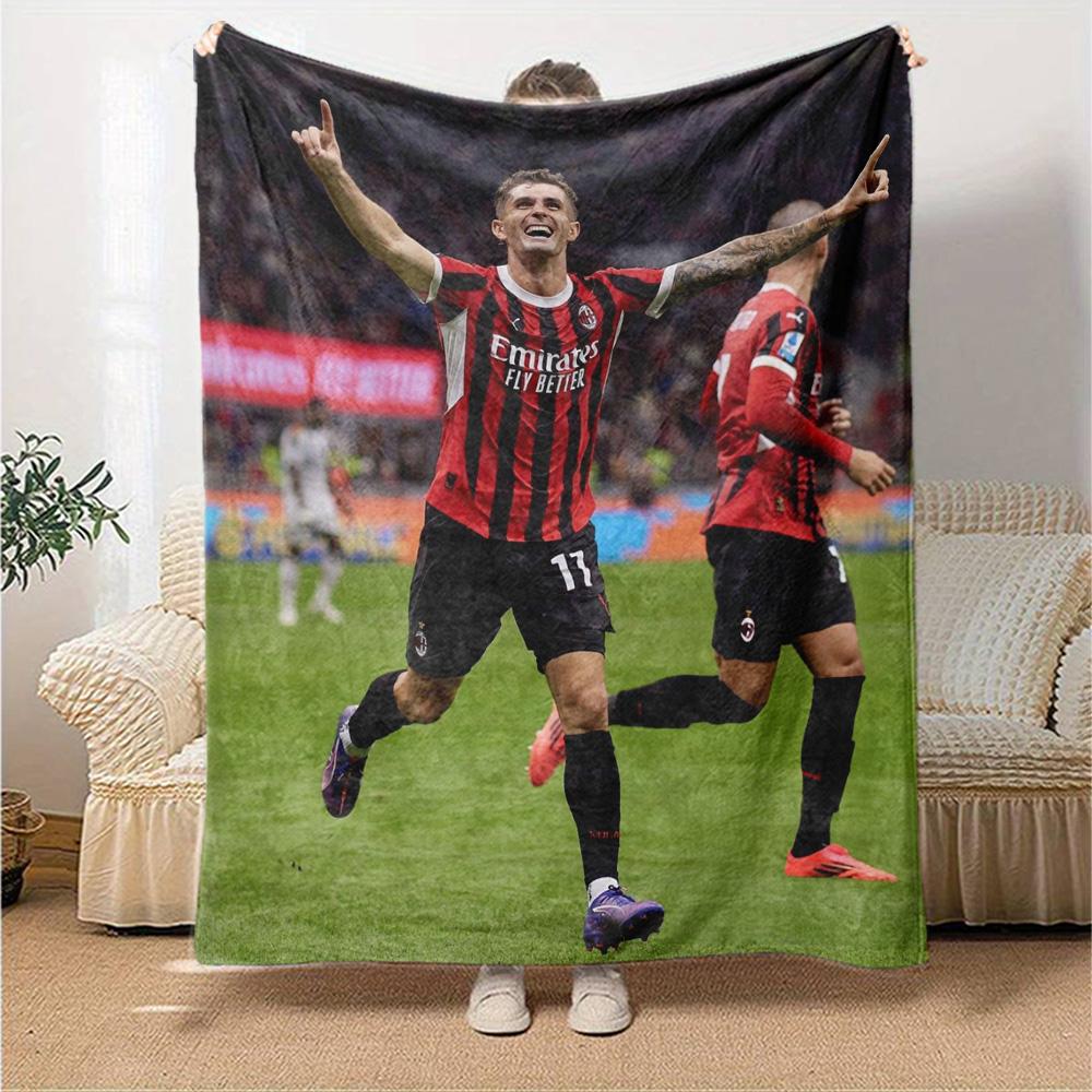 AC Milan Pulisic Football Player Flannel Throw Blanket, Soft Warm Sofa Bed Cover, Soccer Fan Home Decor Gift for Living Room Bedroom
