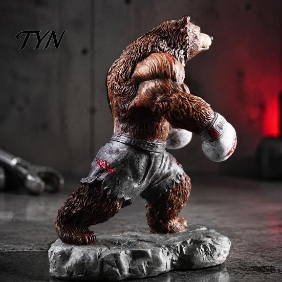 Fitness Bear Statue Resin Boxing Figurine, Muscle for Desk Decor, Realistic Brown White Sculpture Office and Home