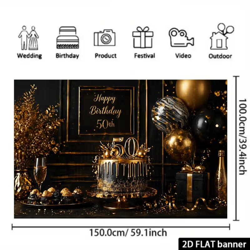 2D Black Gold Glitter 50th Birthday Background Banner for Adult Anniversary Party Decor