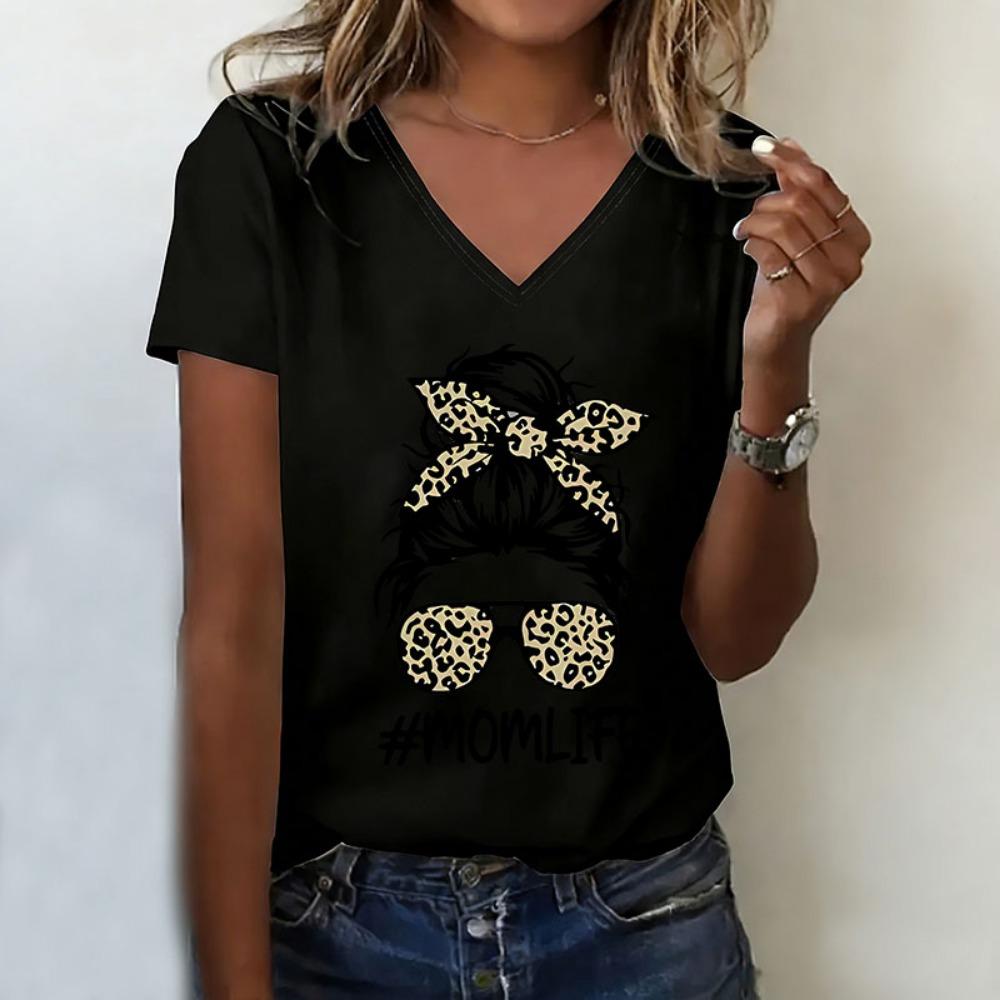 

Casual T-shirt V Neck Fashion Leopard MOM Life Printed T Shirts Women Short Sleeve V-Neck Tee Shirt Summer Female Girls Tee XL