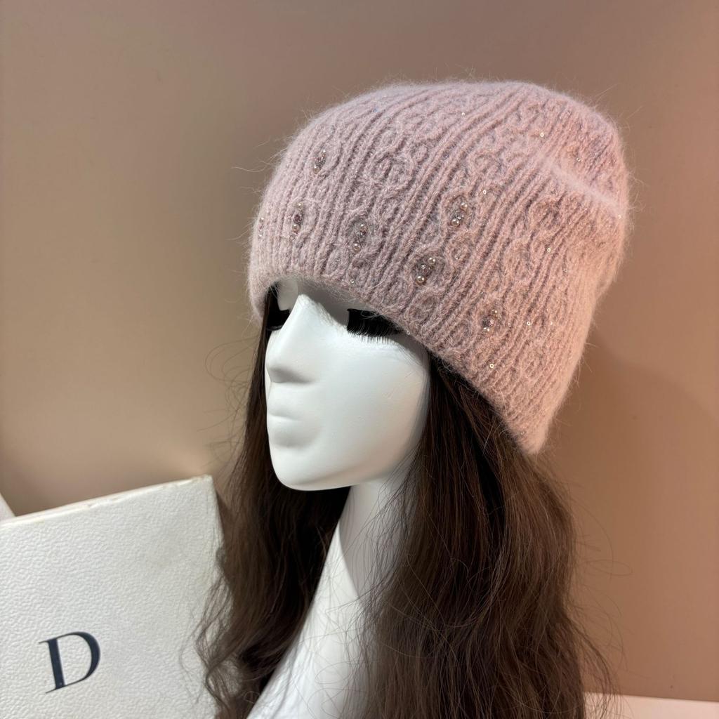 Women Winter Knit Beanie Hat Hand Sewn Pearl Rhinestone Shimmer Soft High Stretch Warm Full Head Cover Hair Loss Concealer Knitted Cap Korean Style