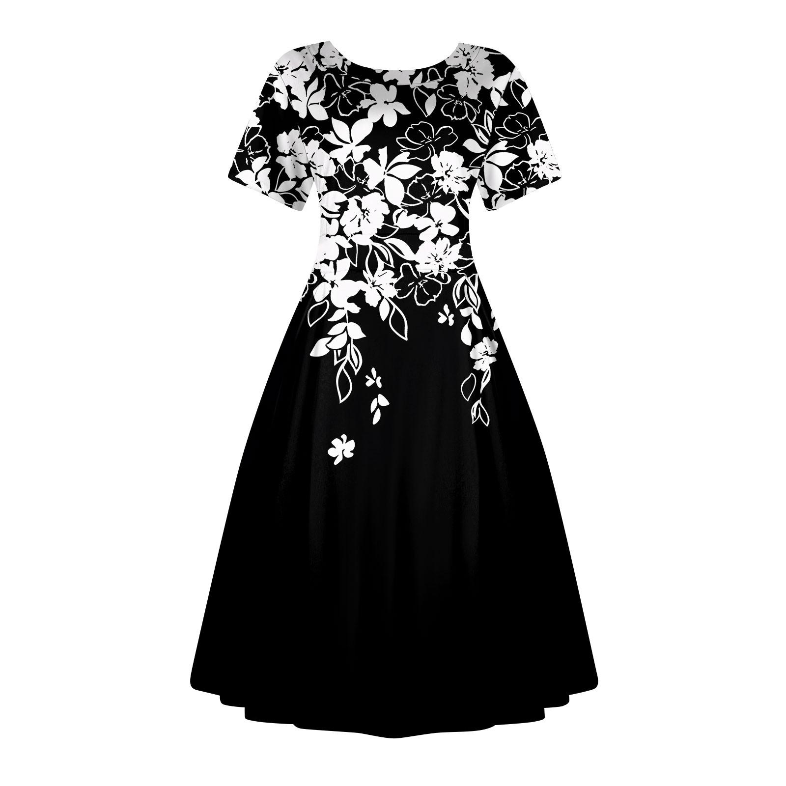 

Женское повседневное модное платье с винтажным принтом, круглые платья миди с коротким рукавом и длинными большими распашными платьями XXL чёрный
