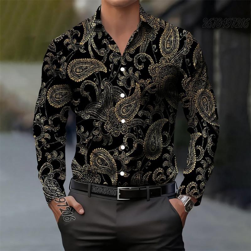 Camicia da uomo vintage in cashmere con stampa floreale paisley a maniche lunghe, casual, elegante, alla moda, comoda, alta qualità, top da uomo con colletto