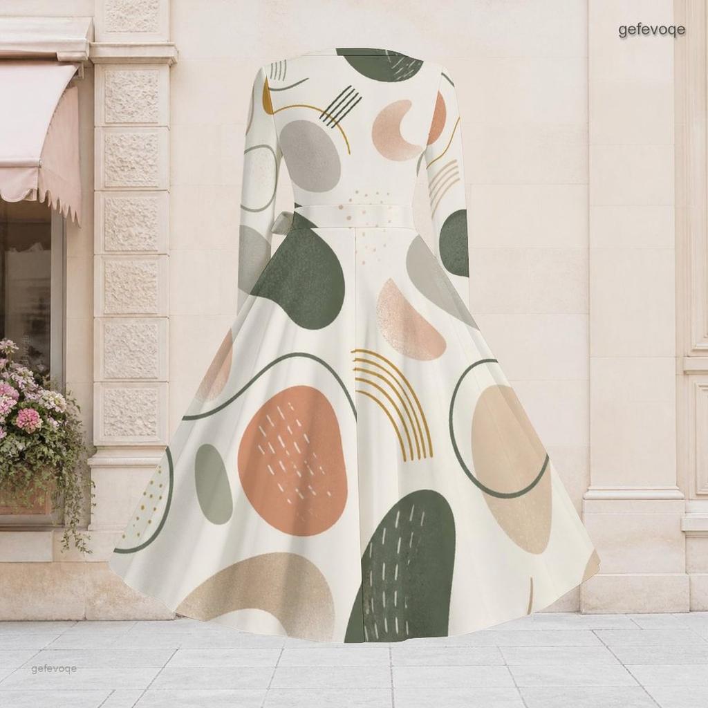 Women Plus Size V Neck Long Sleeve Abstract Printed Belted A Line Flared Midi Dress