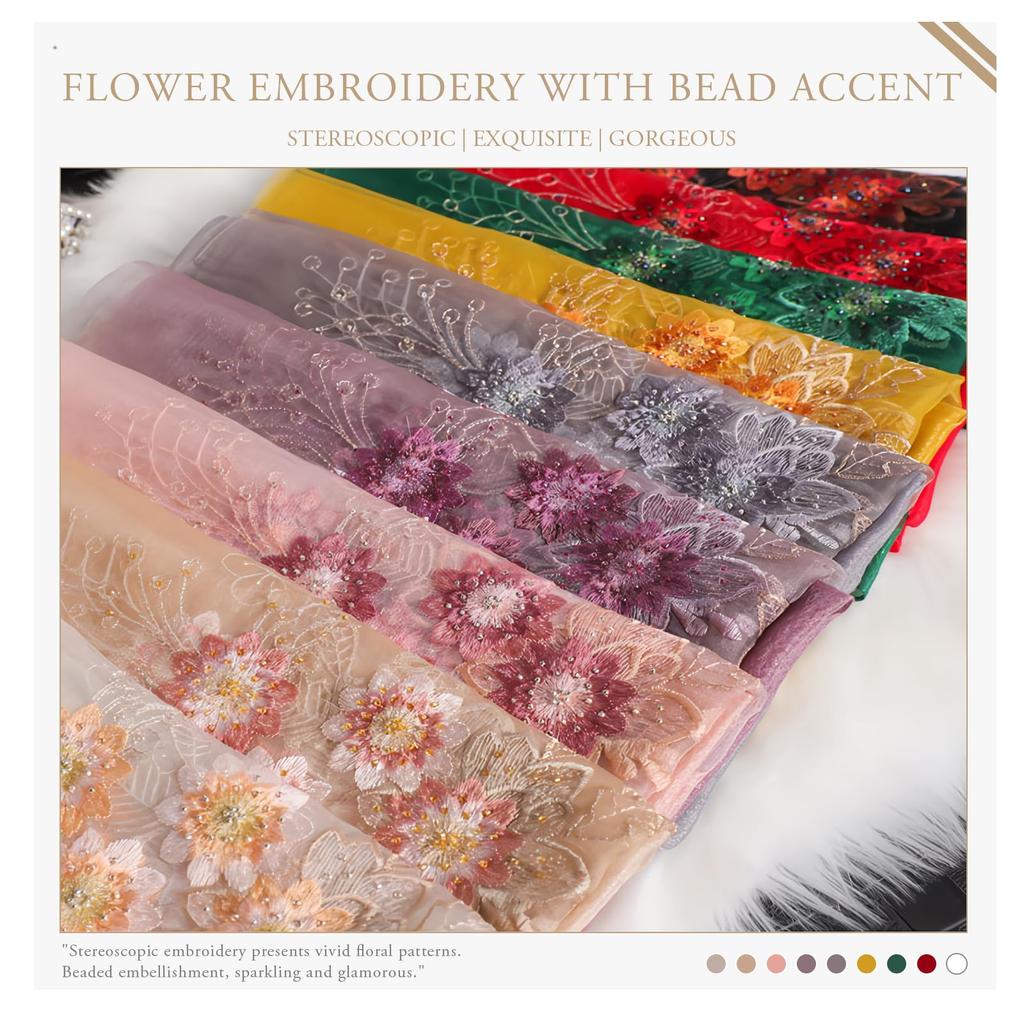 Maulbeerseide Schal Chiffonschal für Damen Perlenstickerei Floral Transparent Tüll Leicht Weich Langer Schal Sonnenschutz Schal Stola Frühling