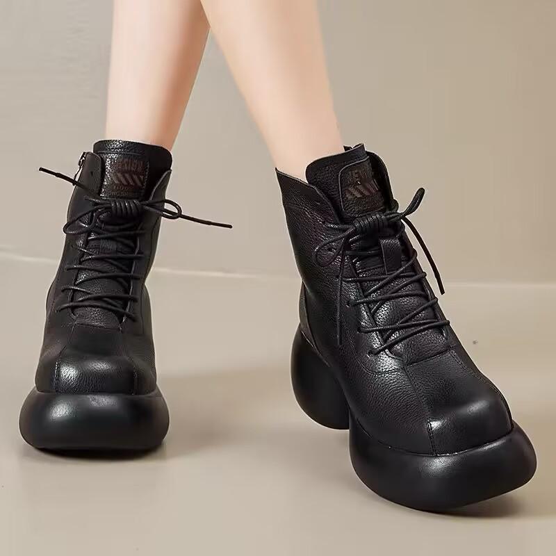2025 autumn and winter soft leather retro solid color zipper boots plush short tube middle heel fashion boots thick heel mother shoes round head