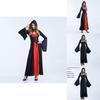 Enchanting Women Gothic Hooded Witch Wizard Dress With Flared Sleeves And Lace Up Design