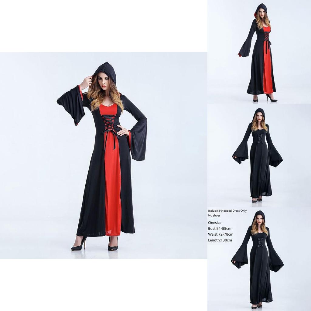 Enchanting Women Gothic Hooded Witch Wizard Dress With Flared Sleeves And Lace Up Design