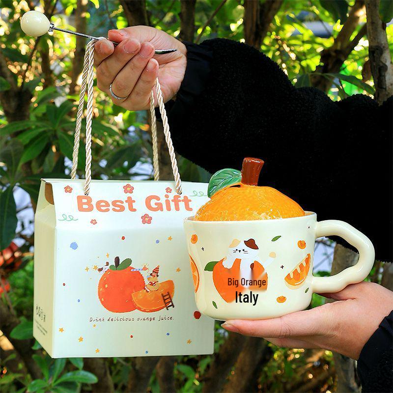 Large Orange Ceramic Mug with Lid & Spoon - Cute Gift for Girls & Best Friends, Perfect Birthday or Practical Souvenir.