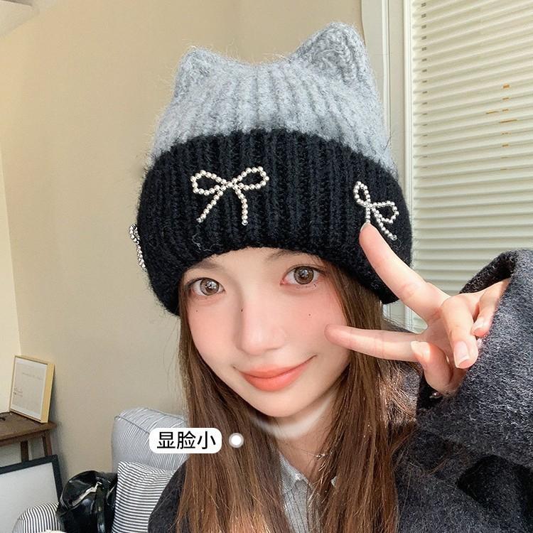 Autumn and Winter New Cute Cat Ears Bow Wool Hat Versatile Women's Big Head Circumference Ear Protector Knitted Cold Hat Wholesale
