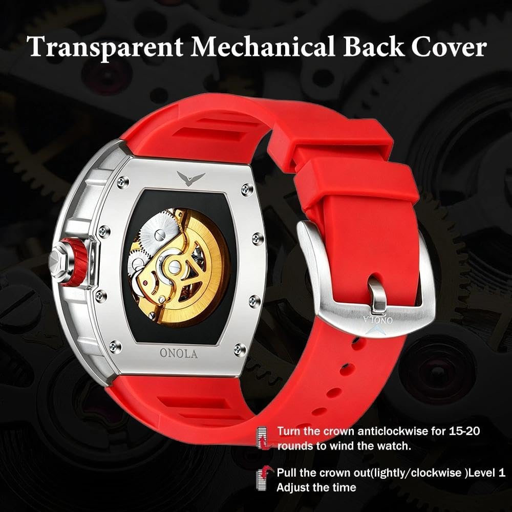 Luminous Skeleton Self Winding Mechanical Watches for Men Tonneau Shape Waterproof Sports Watch Rubber Strap