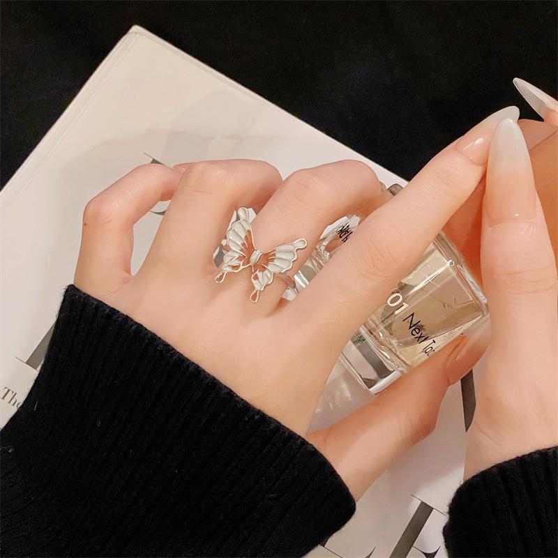Color Enamel Three-Dimensional Butterfly Open Ring Light Luxury Retro Diamond-Encrusted Zircon Personality High-End Fashion Ring Woman Adjustable opening