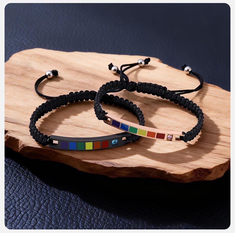 Vnox Rainbow Pride Adjustable Bracelet, Stainless Steel Bar with Zircon, Nylon Woven Bracelet for LGBTQ Gay Lesbian Jewelry Gift