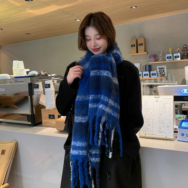 New Maillard Striped Thick Tassel Big Braid Plush Scarf Winter Warm Thickened Lazy Student Scarf