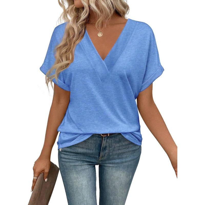 

IHUASU Women s Fashion Casual Solid Color Print Short Sleeve V Neck Blouses & Shirts International design XXL небо синє кольору