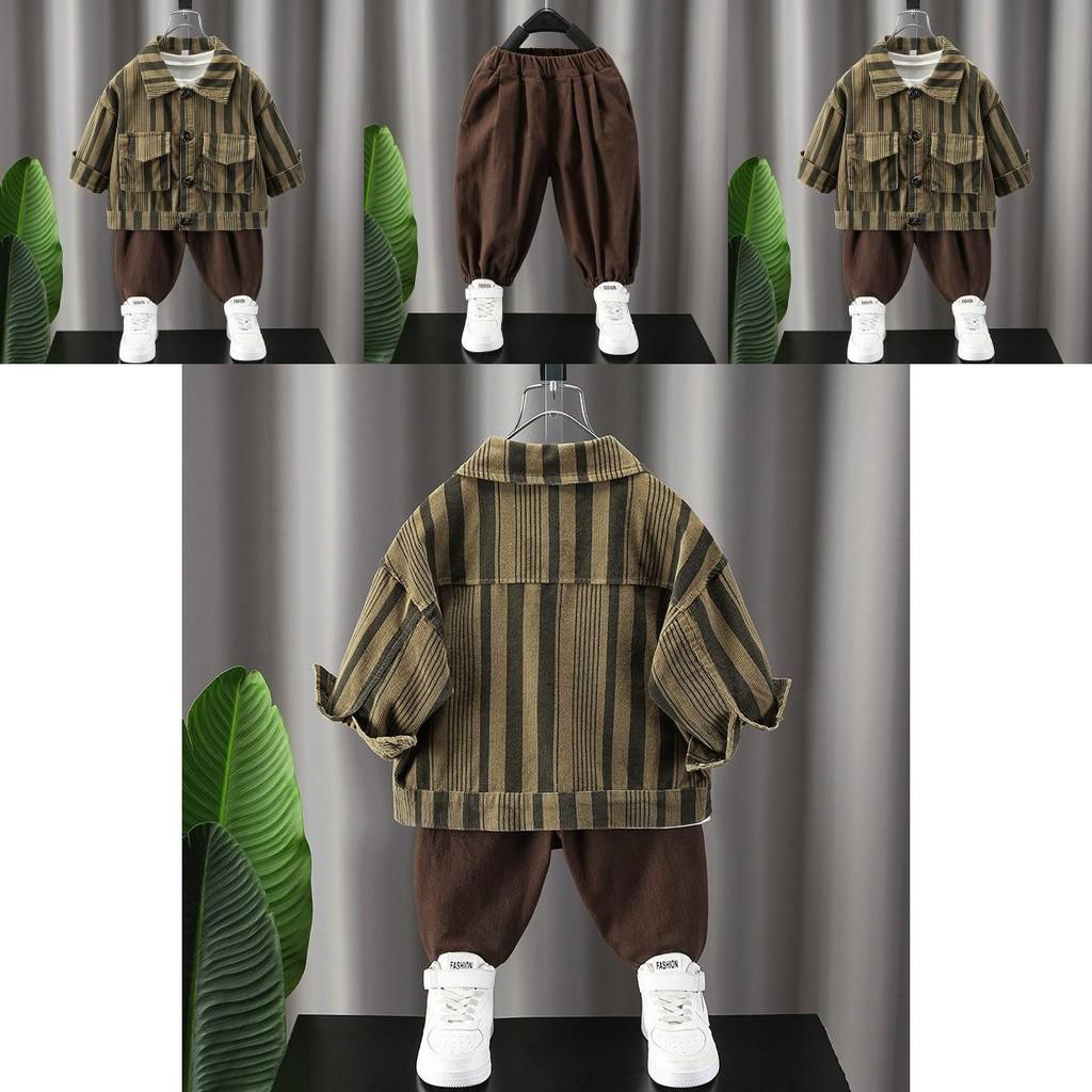 Stylish Cotton Two Piece Set For Boys Elegant Casual Striped Long Sleeve Shirt And Pants For Ages 3 To 8 In Khaki Color