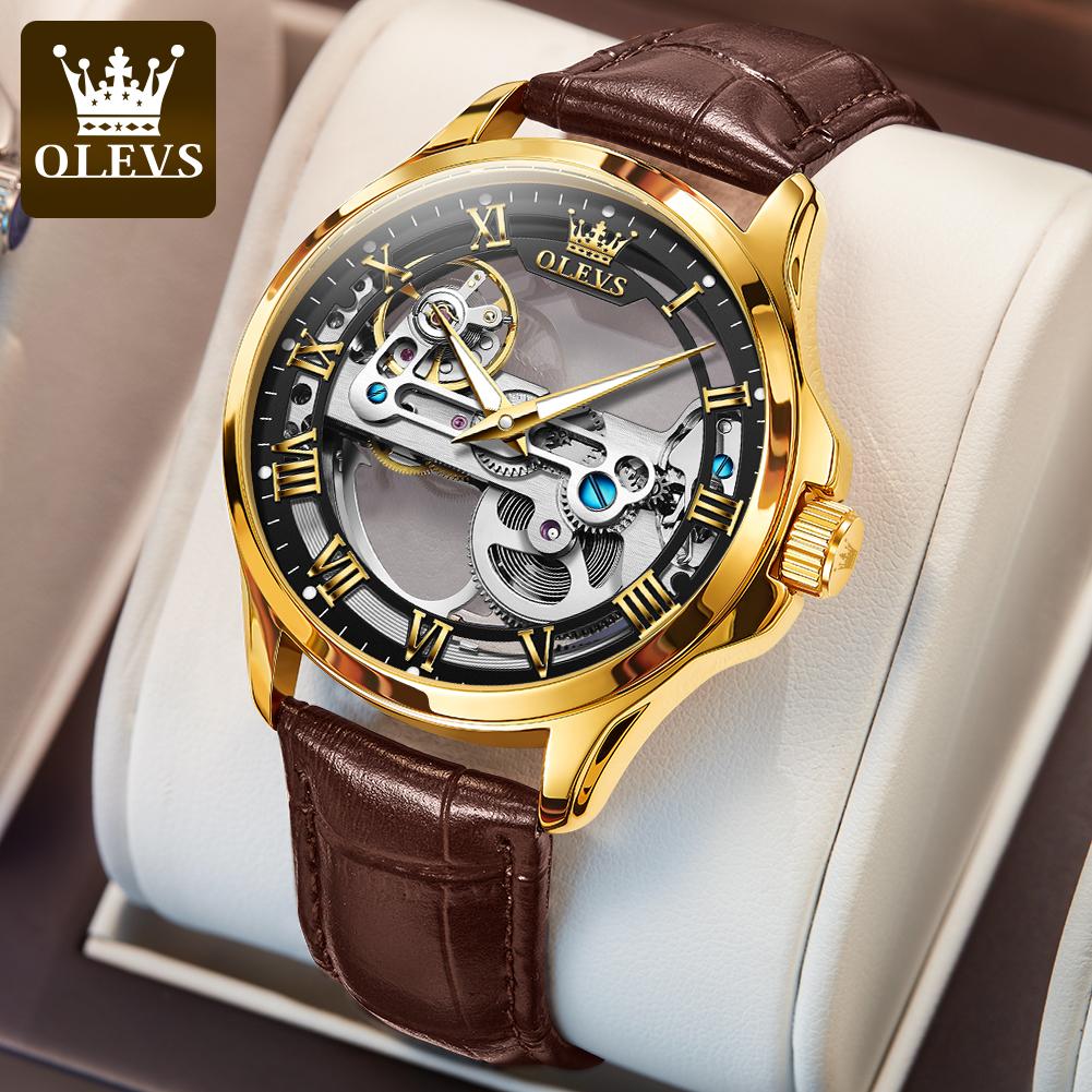 OLEVS 6661 Man Watch Luxury Fashion Leather Strap Fully Transparent Hollow Mechanical Wrist Watch for Men Original Men's Watches