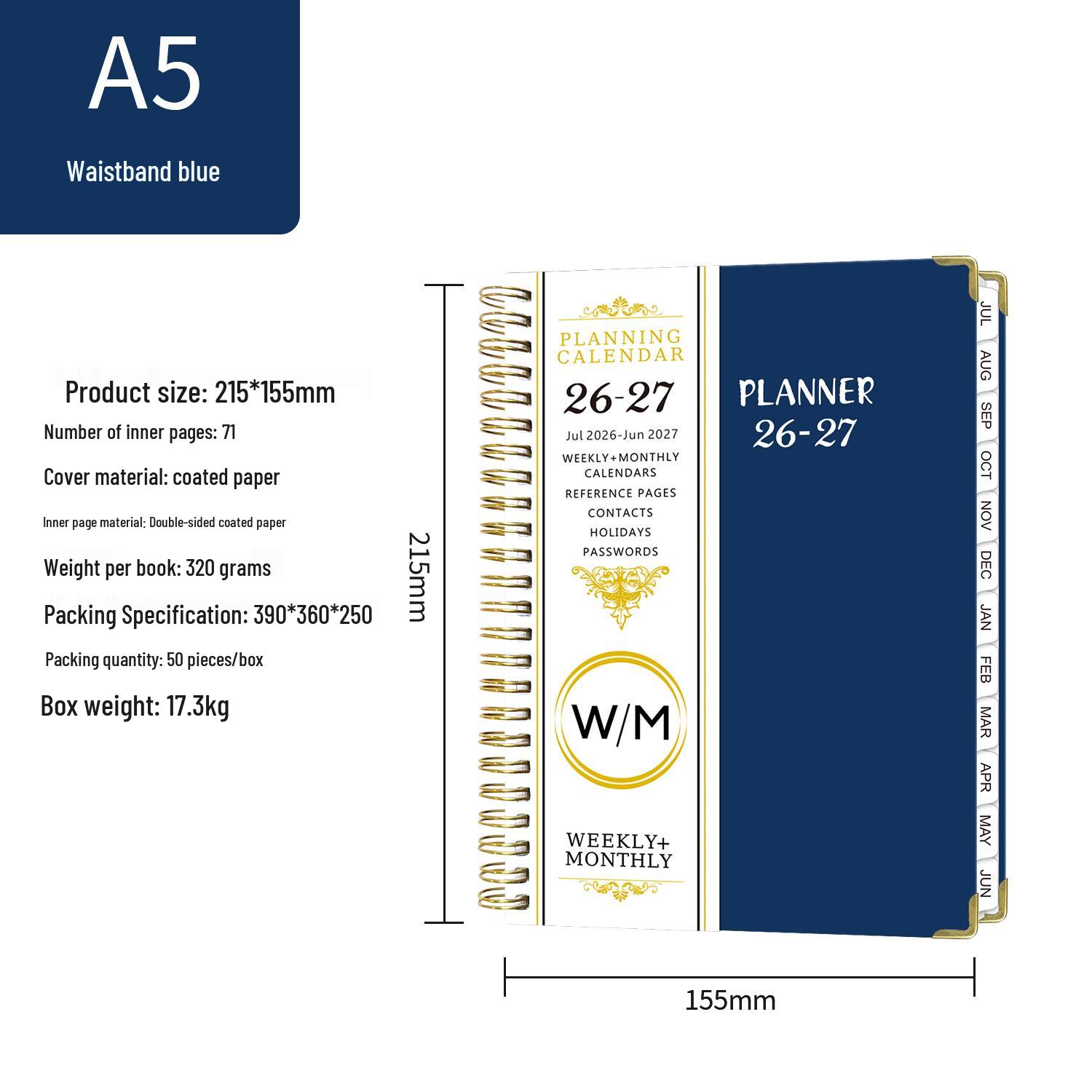 In Stock A5 Cross-border English Notebook 2026-27 Daily Planner with Customizable Coil Binding темно-синий