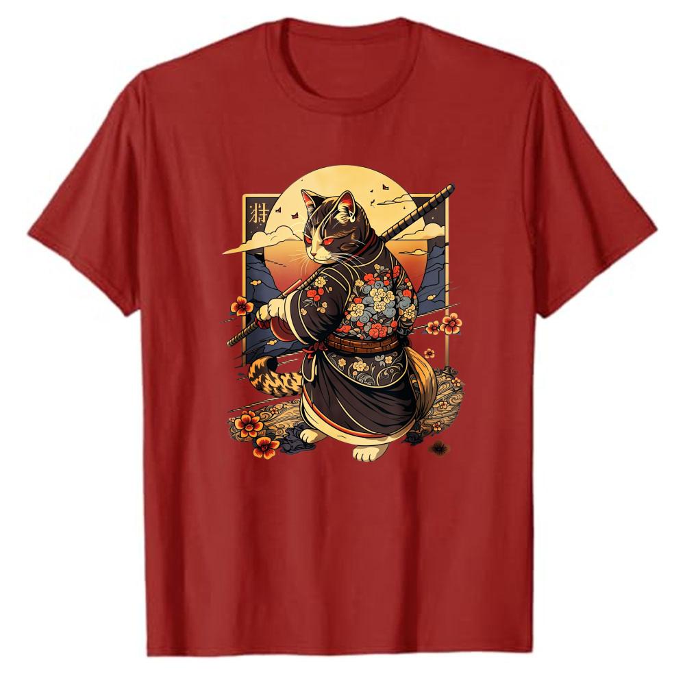 Samurai Katze ADHS Arbeit Ordentlich T-Shirt Lustiges Japanisches Stil Grafik T-Shirt für Unisex Kurzarm Lässiges Oberteil Einzigartiges Parodie Geschenk Präsent