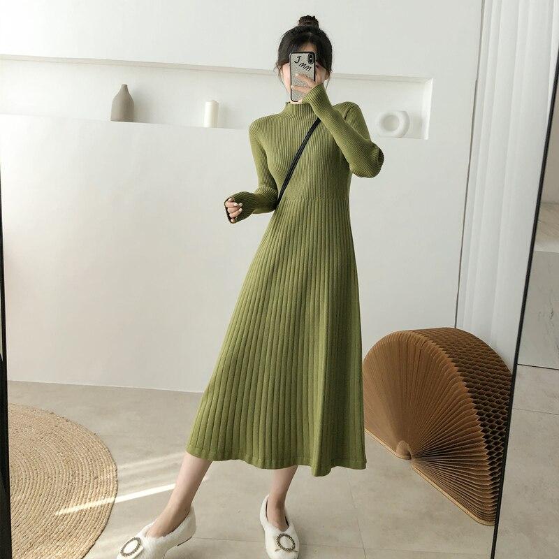 

Elegant Warm Half Turtleneck Ladies A-line Sweater Dress Full Sleeve Slim Waist Women Knitted Mid-Calf Vestidos Autumn Dresses XL зелений