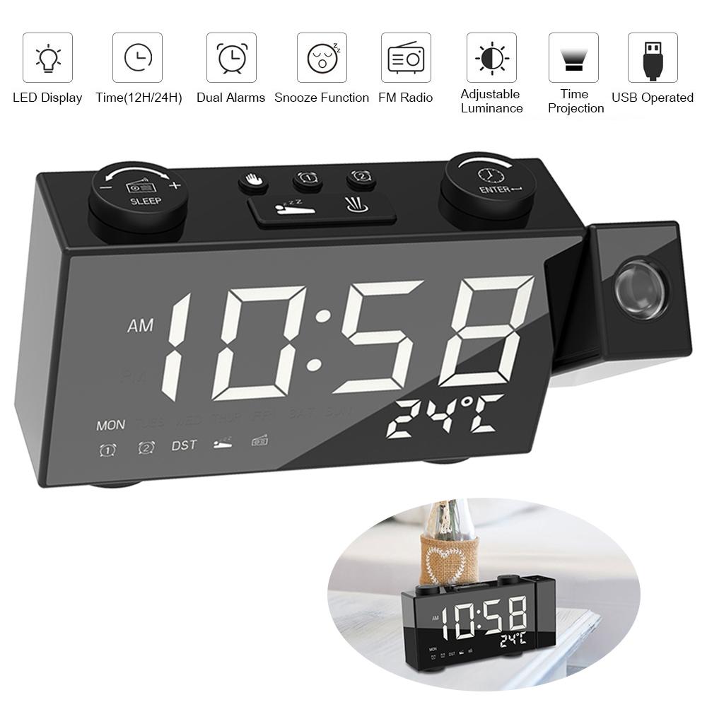 6 Inch Digital FM Projection Radio Alarm Clock 4 Brightness Adjustment 3 Time Displays Dual Alarm