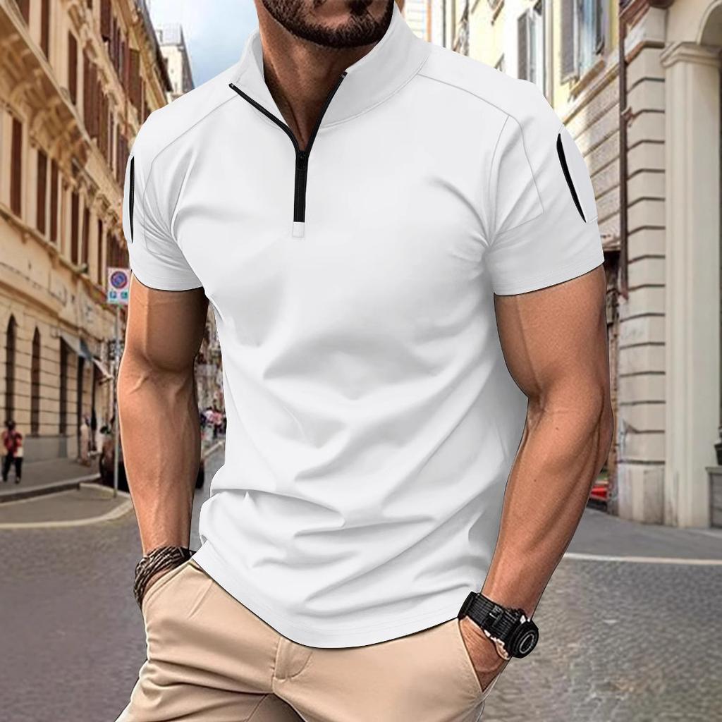 Men's T-shirt: Summer Casual Tactical Training Style with Patch Pockets on the Sleeves, Stand-up Collar, Plain Colour, Short-sleeved Polo Shirt