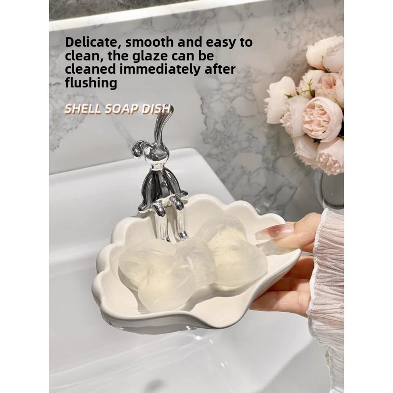 Bathroom Sink Soap Box Household Ceramic Rabbit Shell Shape Storage Rack Household  Bathroom Item Storage Accessories
