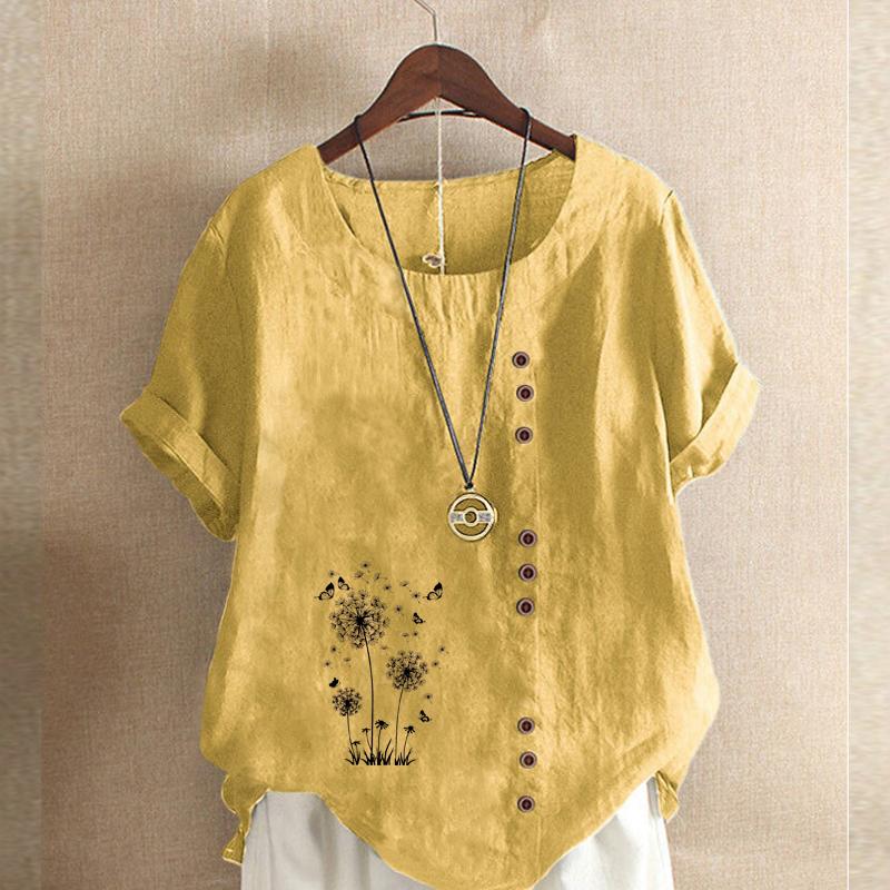Women's Fashion Loose Cotton Shirt Black Dandelion Prined Short Sleeve T-shirt Casual Loose Summer Plus Size Blouse Tops
