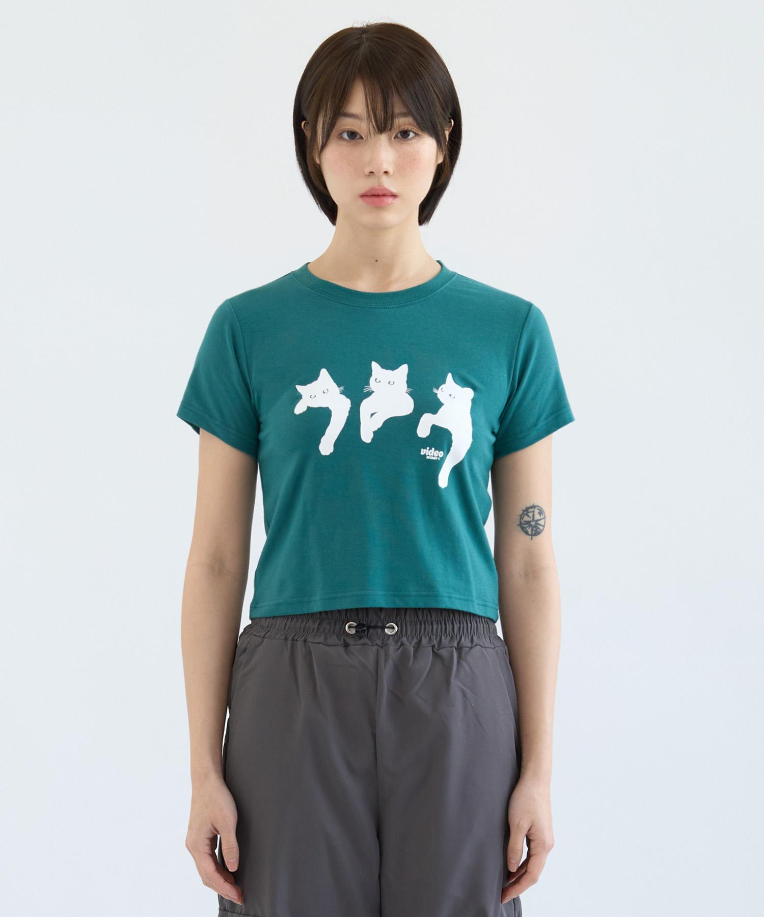 Video Jaki Romantic Cat Crop T-Shirt [Teal Green] Teal Green/Free