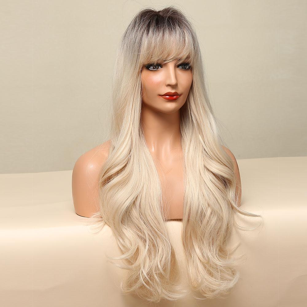 Ombre Kahverengi Açık Sarışın Uzun Dalgalı Saç Peruk Patlama ile Cosplay Günlük Sentetik Peruk Kadınlar için Isıya Dayanıklı Fiber