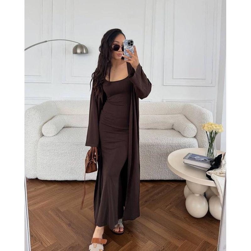 Western Style New Fashion Casual Loose Sling Dress Long dress Cardigan Outerwear Two-Piece Dress Set