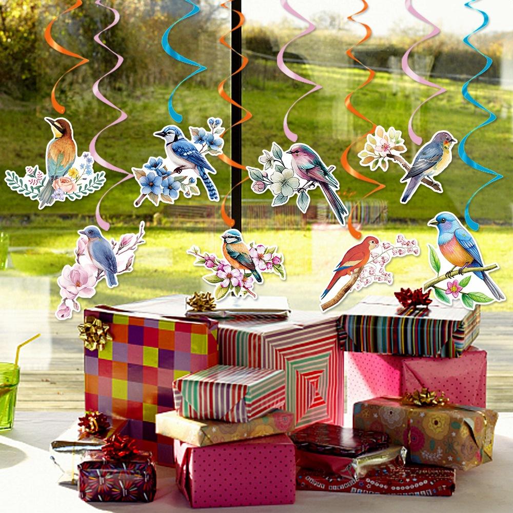 Spring birthday party decoration set, spring flower and bird theme birthday arrangement banner pulling flag spiral