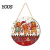 Rustic Christmas Wall Art Hanging Sign, Round Wooden Welcome Cute Dog Gingerbread Retro Holiday Wood Plaque Man Sign for Front Door Porch Decor