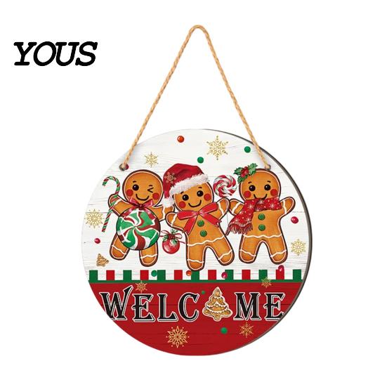 Rustic Christmas Wall Art Hanging Sign, Round Wooden Welcome Cute Dog Gingerbread Retro Holiday Wood Plaque Man Sign for Front Door Porch Decor