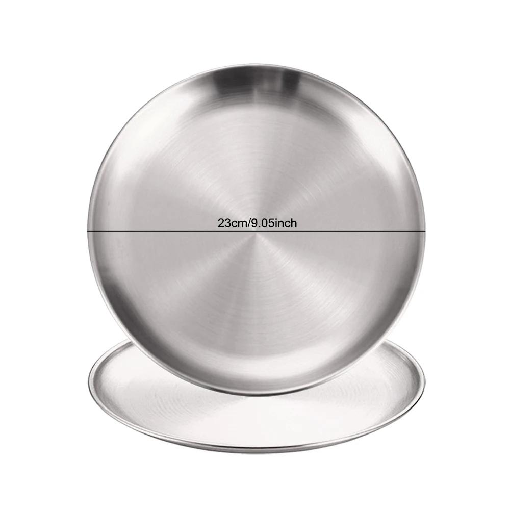 2Pcs Stainless Steels Round Silver Shallow Tray Plate Rust-Proof 14/17/20/23/26/30cm Camping Plate BBQ Picnic Dishes Cookware