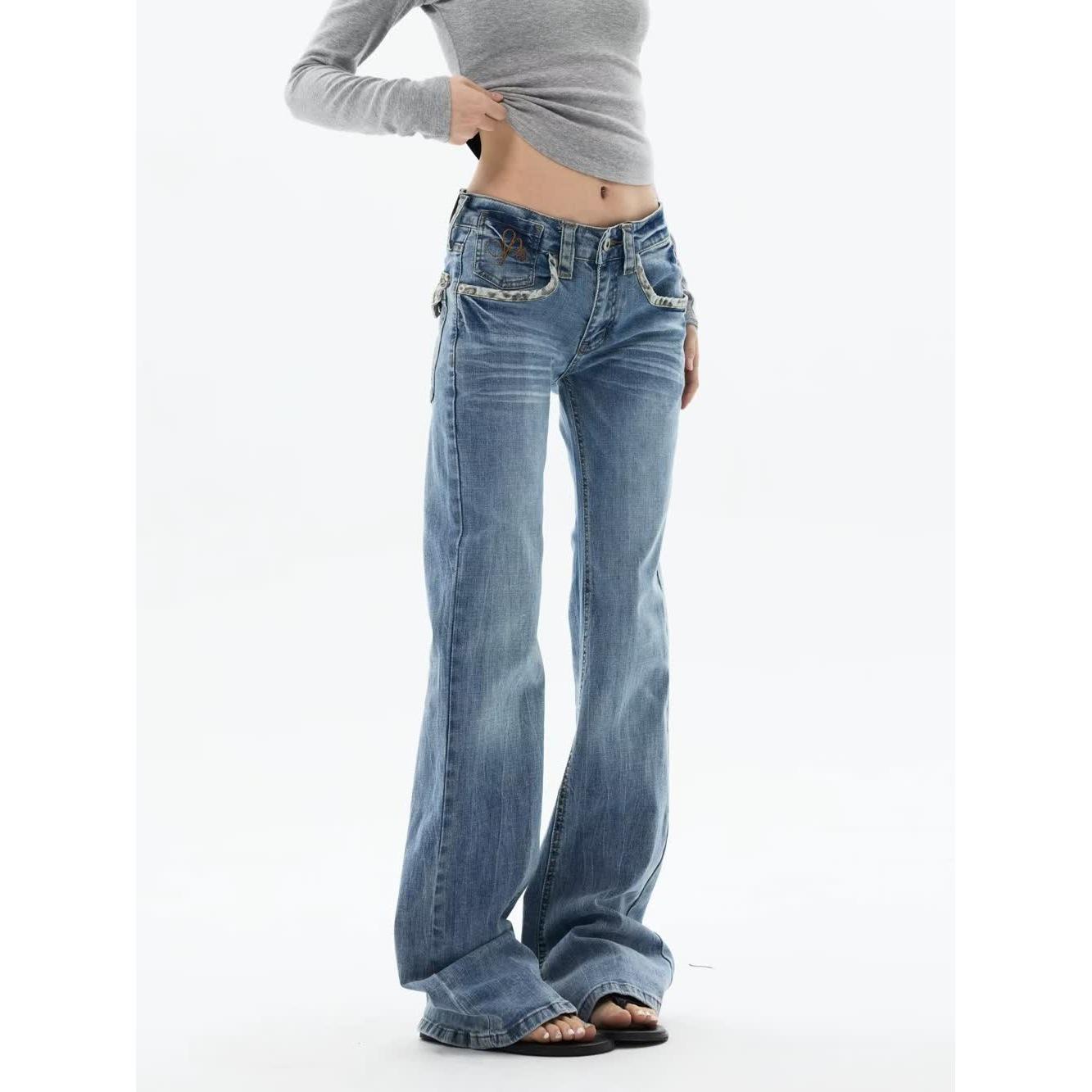 Simple American Retro Low-rise Washed Straight Jeans Wide-leg Pants Loose and Thin Floor Pants Trend Trendy Light Wash Low-rise Flared Jeans S синий