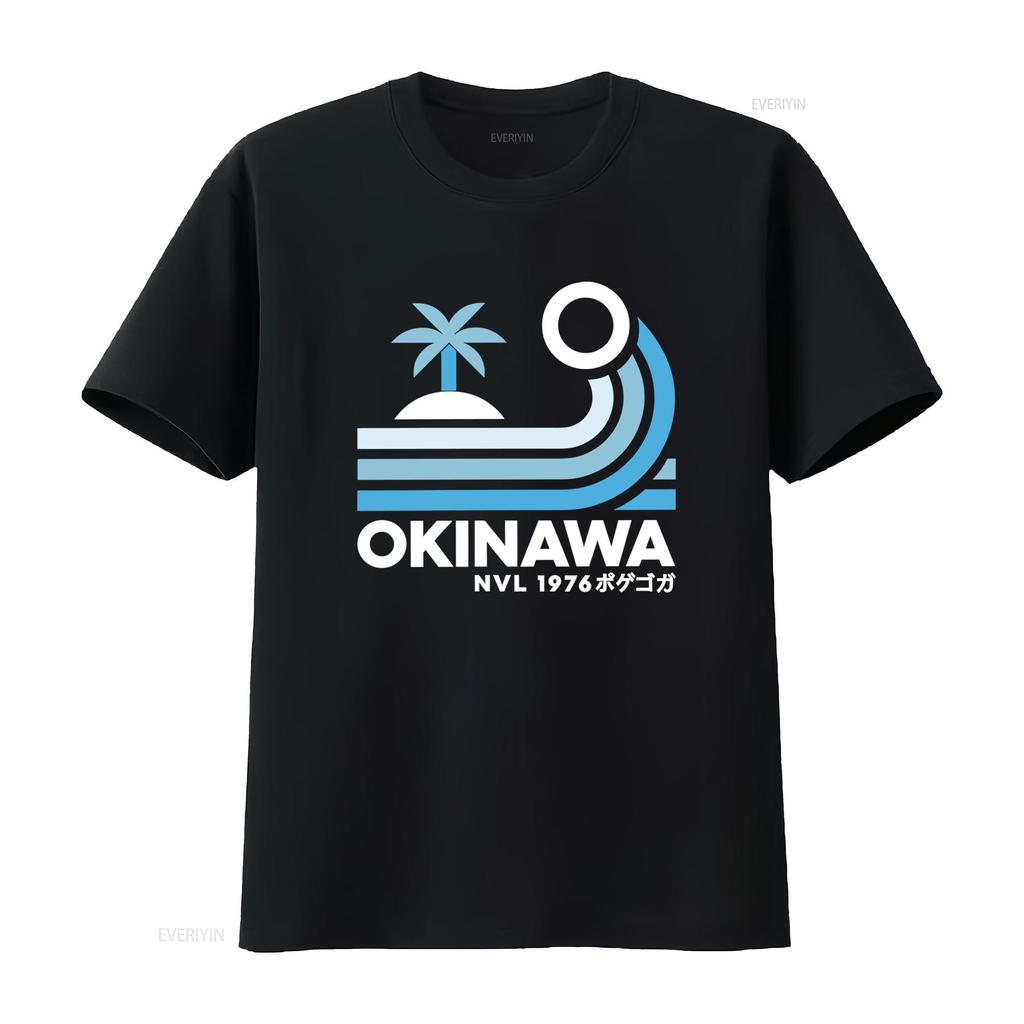 Mens Japan Okinawa Retro Style T Shirt with Palm Wave Design and Lettering Print Fashion Streetwear for Summer Vibes Vintage